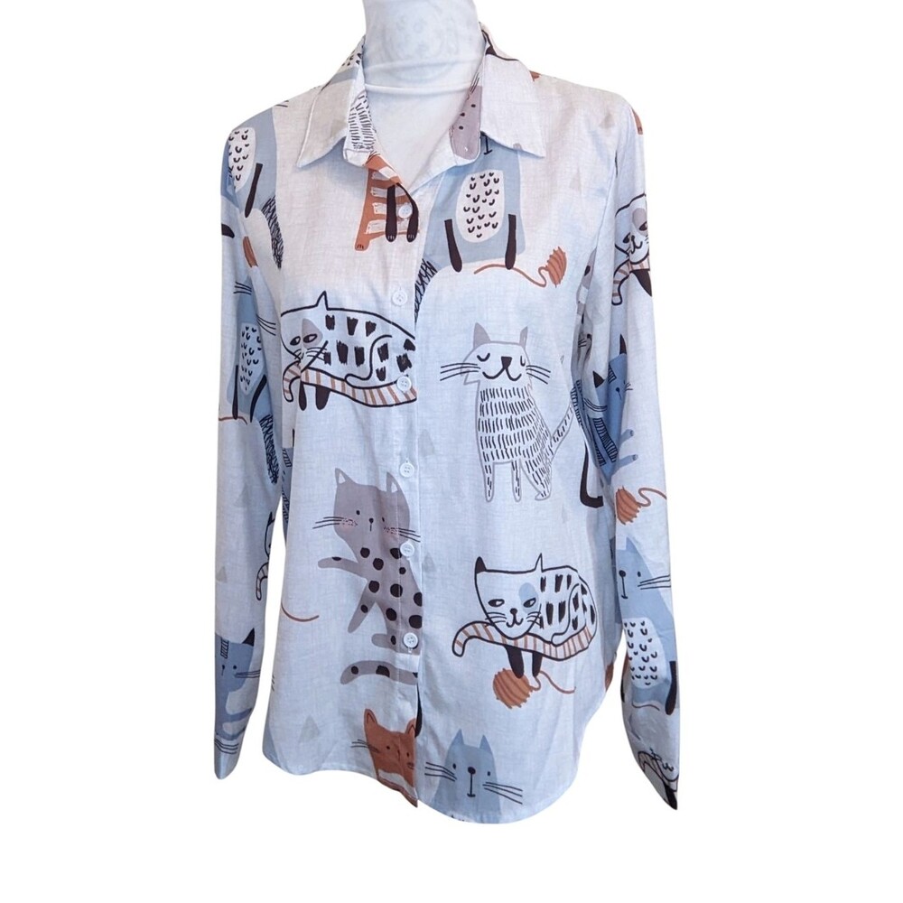 Cat Button-Down Shirt White Blue Brown Novelty Fun Medium